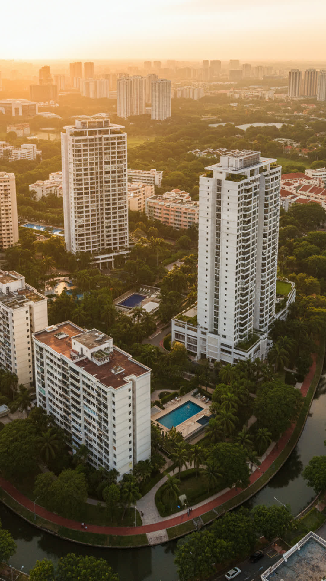 A dusk aerial of a maturing residential estate in Singapore — condominium towers, pools and greenery, with more plots still being built around the edges