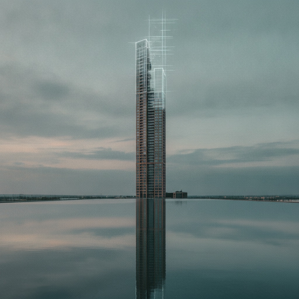 A single tall luxury condominium tower at dusk, its upper floors dissolving into faint blueprint lines against a muted sky