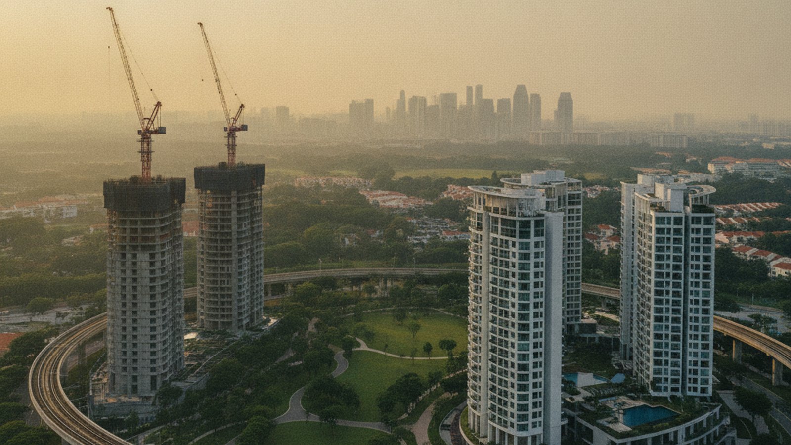 Dusk aerial of a maturing Lentor residential estate — finished condominium towers beside plots still under construction near the MRT line