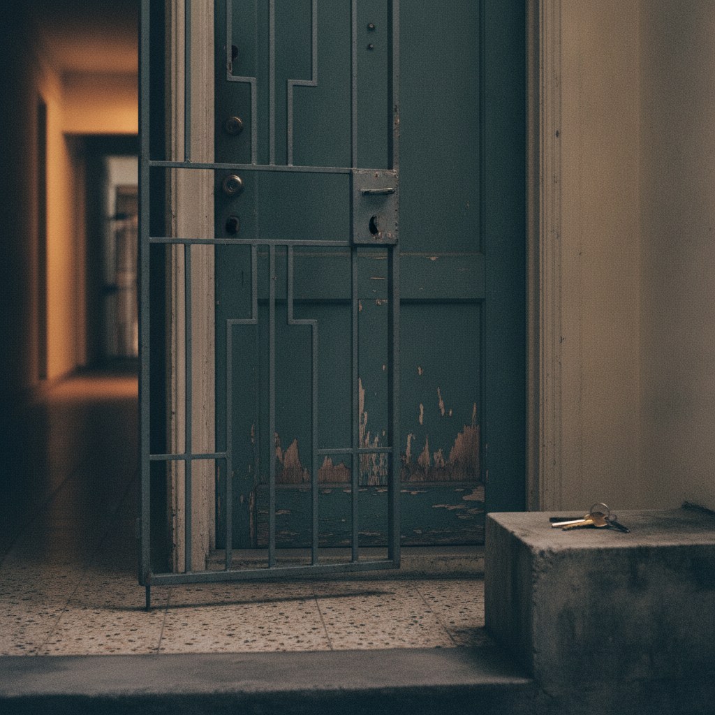 A doorway in an older Singapore HDB block seen from the common corridor at dusk, with a set of keys on the ledge