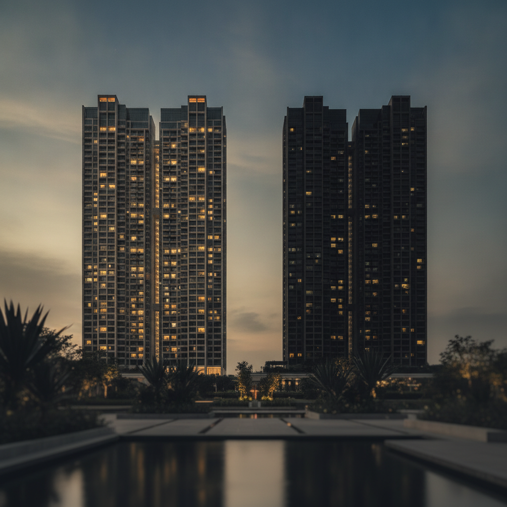 Two new condominium towers side by side at dusk in Singapore — one lit up and busy, the other dark and quiet