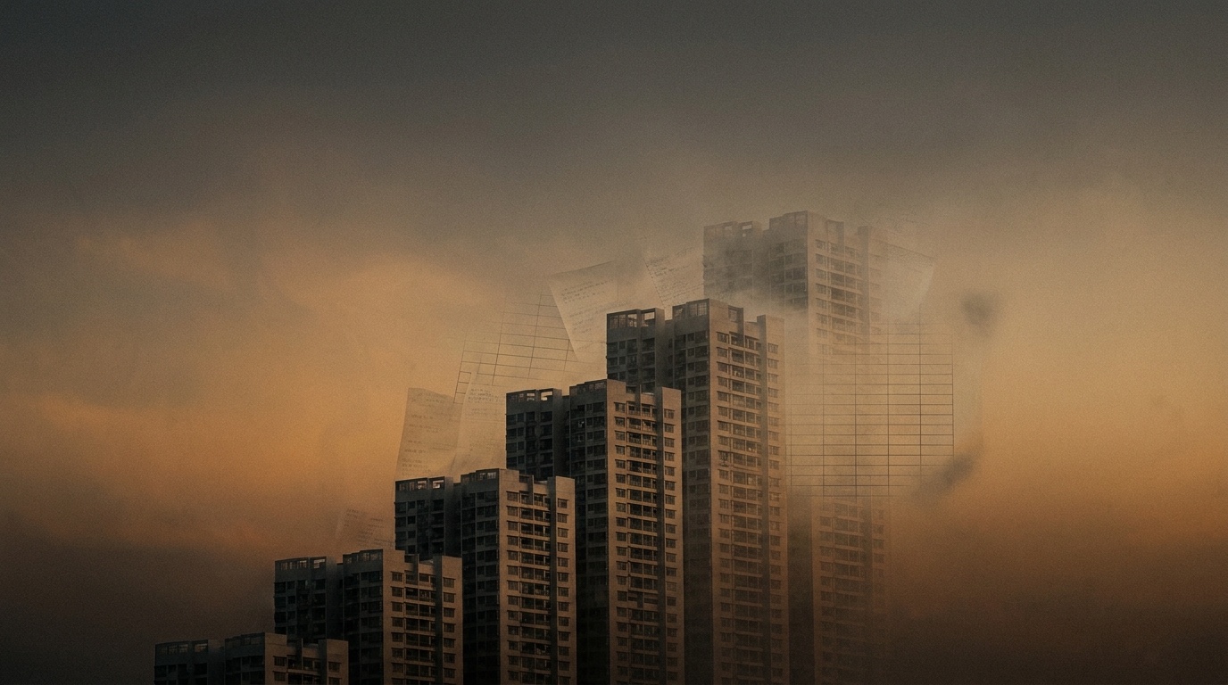 A staircase of condominium towers climbing into a dusk sky, each step faintly overlaid with receipt and ledger lines dissolving into the haze