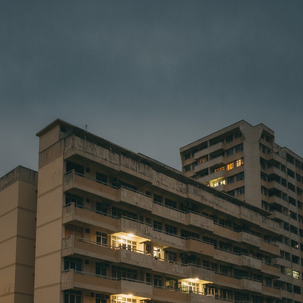 Older Singapore HDB blocks at dusk, the large balconied executive-apartment block in the foreground, a few windows lit warm against a deep blue sky