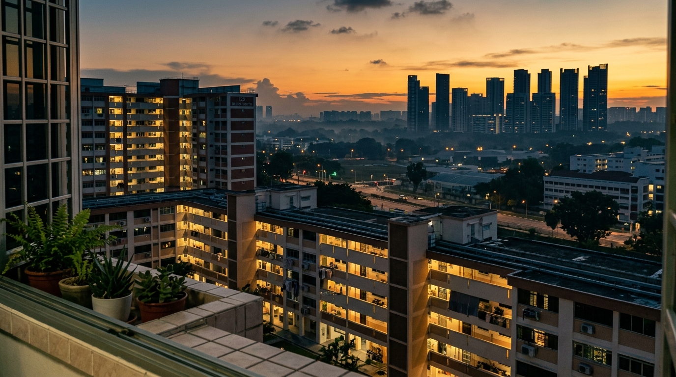 An East Singapore evening skyline showing HDB blocks in the foreground and condo towers in the distance, separated by the last golden light of dusk