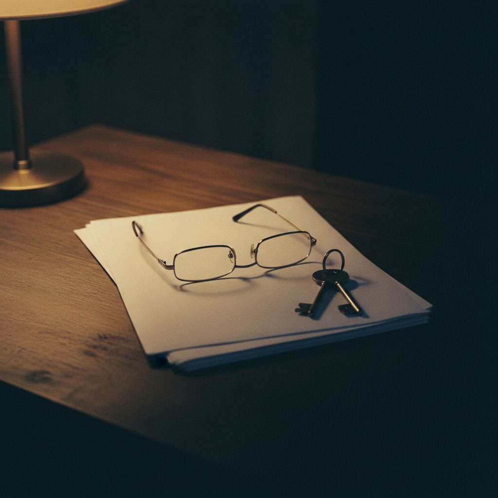 Reading glasses and a set of keys resting on a stack of papers on a dark table, lit by a single desk lamp