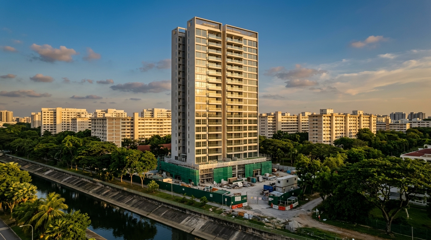 A near-complete condominium tower in East Singapore under a bright blue sky, scaffolding recently removed, construction hoarding still around the ground floor