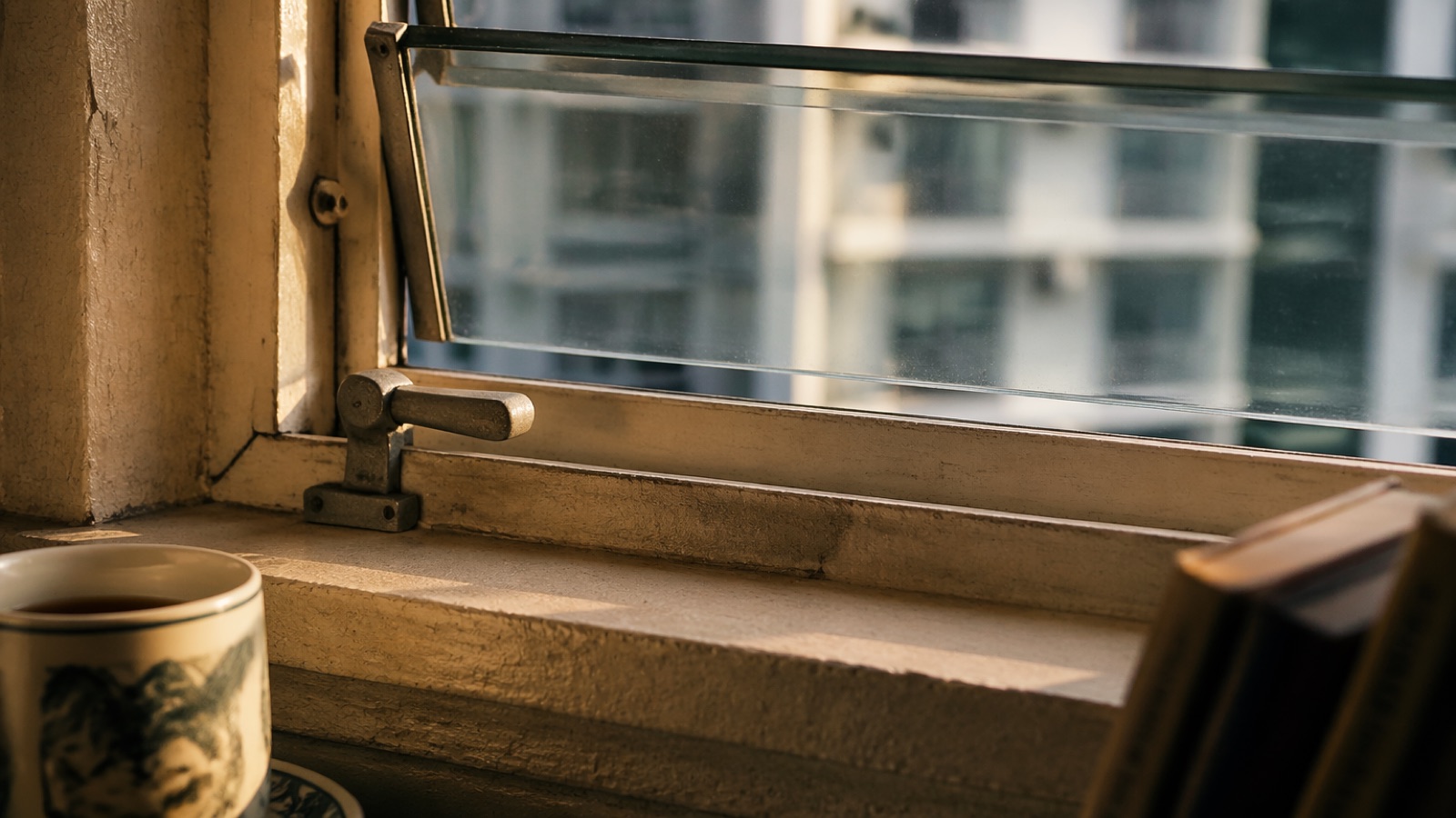 Golden-hour light through the louvered window of an older Singapore HDB flat, with a modern condominium tower softly out of focus beyond the glass