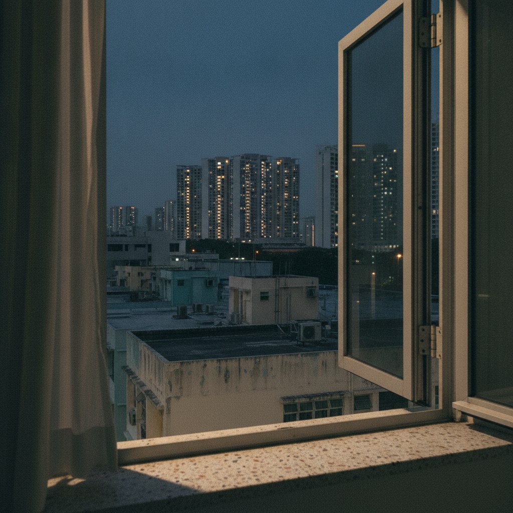 An open casement window in a Singapore HDB flat at dusk, terrazzo sill in the foreground, distant private condominium towers lit warm against a deep blue sky
